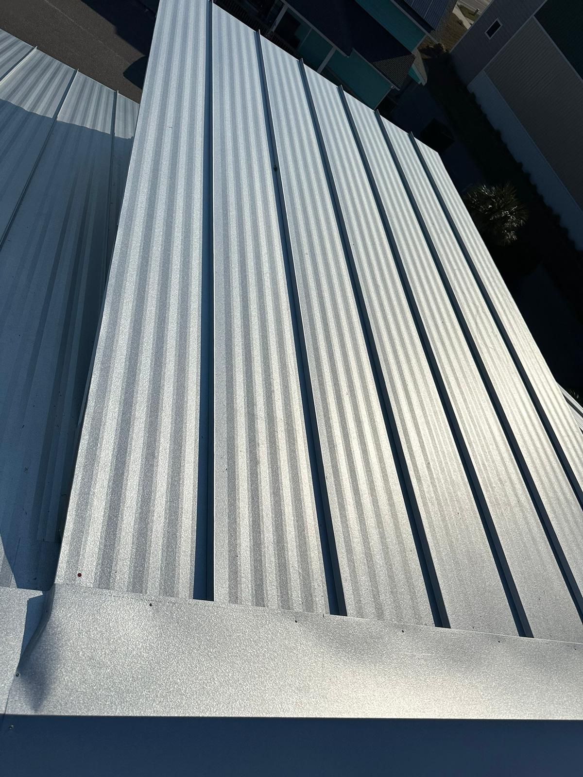 Close-up of standing seam metal roofing panels