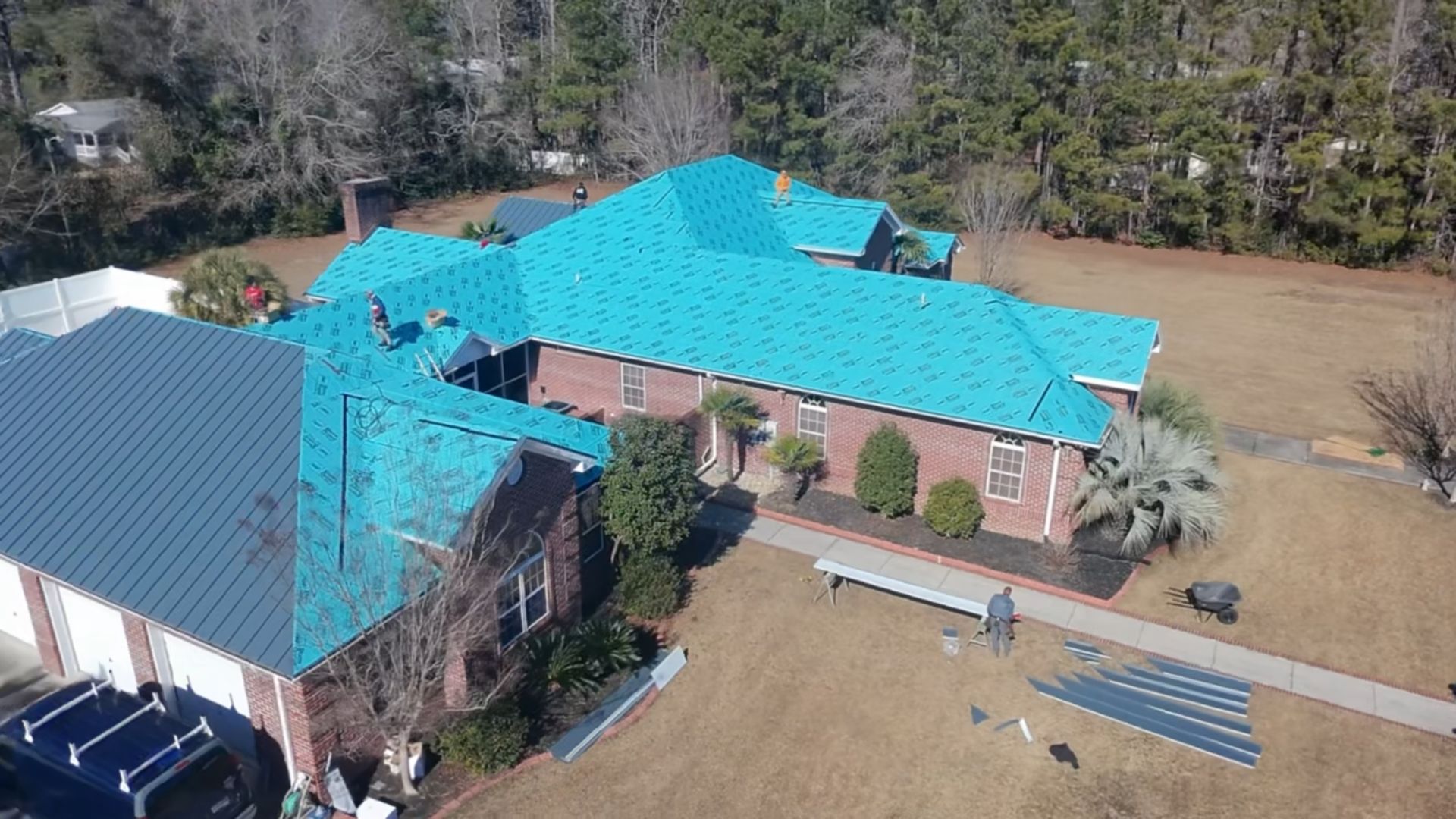 Aerial view of underlayment installation